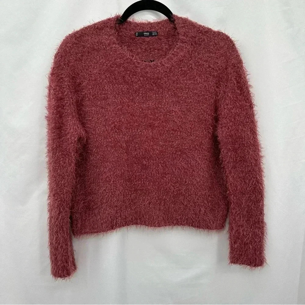MNG Basics‎ Sweater Women XS Mauve Pink Eyelash Knit Fuzzy Crewneck Long Sleeve